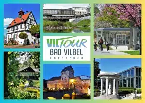 Eine farbenfrohe Collage zur Werbung für Bad Vilbel mit Sehenswürdigkeiten wie einem Fachwerkhaus, einem Glaspavillon, einer Parkbrücke und blühenden Kirschbäumen. Mit dem Schwerpunkt auf den „Wanderwegen Bad Vilbel“ steht in der Mitte der Text „VILTOUR Bad Vilbel Entdecken“.