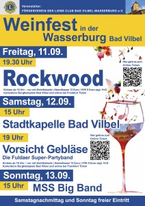 Plakat für das Weinfest in der Wasserburg Bad Vilbel mit Veranstaltungsdetails vom 11. bis 13. September. Zu den auftretenden Bands gehören Rockwood, die Stadtkapelle Bad Vilbel, Vorsicht Gebläse und die MSS Big Band. Buntes Weinglas mit Noten.