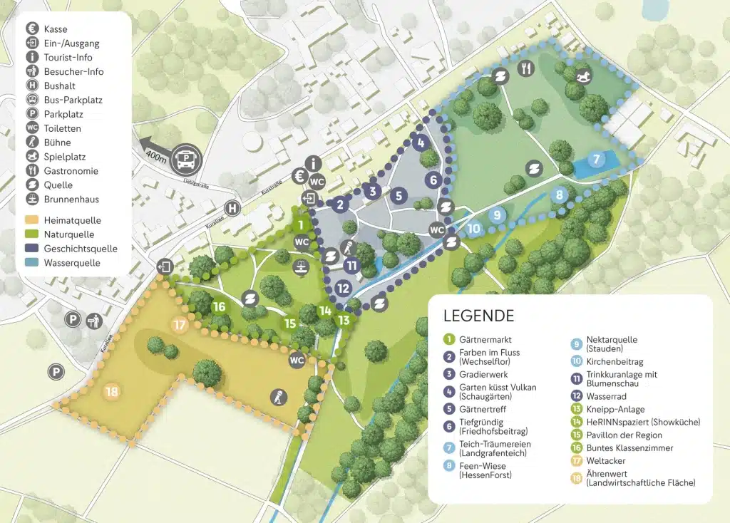 Karte eines Parks mit nummerierten Bereichen, Wegen, Parkplätzen, Toiletten, Trinkwasserstellen und einer Legende auf Deutsch. Auf der Karte werden die Zonen farblich unterschieden, und es werden Symbole für Einrichtungen wie Gastronomie, Bushaltestellen, Picknickplätze und Informationsstellen verwendet.