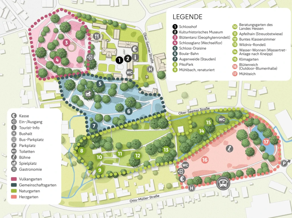 Farbenfrohe Karte eines Parkgeländes mit nummerierten Bereichen, Wegen, Teichen und Symbolen für Museen, Gärten, Spielplätze, Sitzgelegenheiten, Toiletten, Parkplätze und Bushaltestellen. Die Legende erläutert die Standorte auf Deutsch. Der Park ist von einem Wohngebiet umgeben.