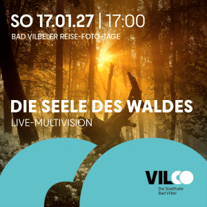 Eine sonnendurchflutete Waldszene mit Lichtstrahlen, die durch die Bäume fallen, und einem umgestürzten Baumstamm. Ein eingeblendeter Text wirbt für die Live-Aufführung „Die Seele des Waldes“ am 17. Januar um 17:00 Uhr in Bad Vilbel. Unten ist das VILCO-Logo zu sehen.